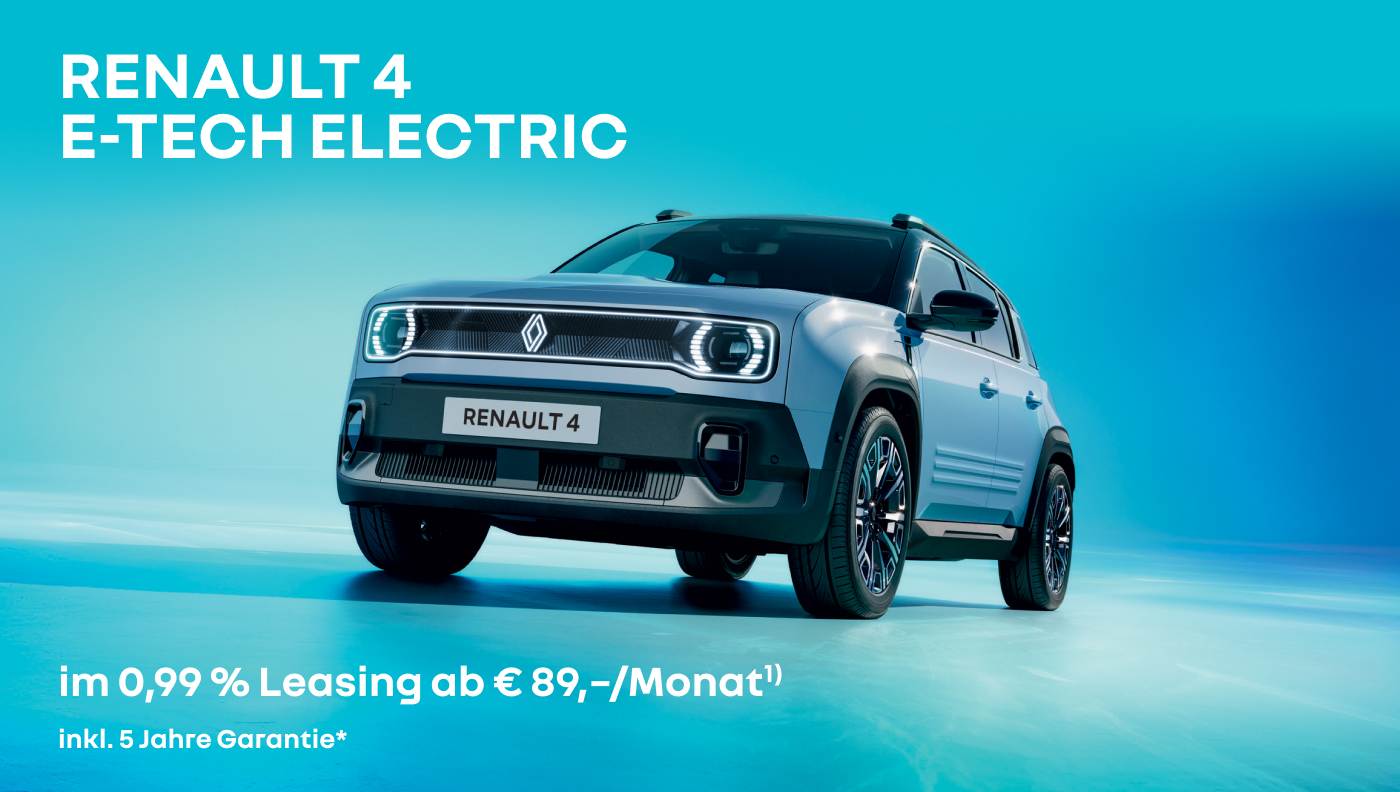Foto mit folgendem Text: Renault 4 E-Tech Electric im 0.99%* Leasing ab € 89/Monat* inkl. 5 Jahre Garantie*