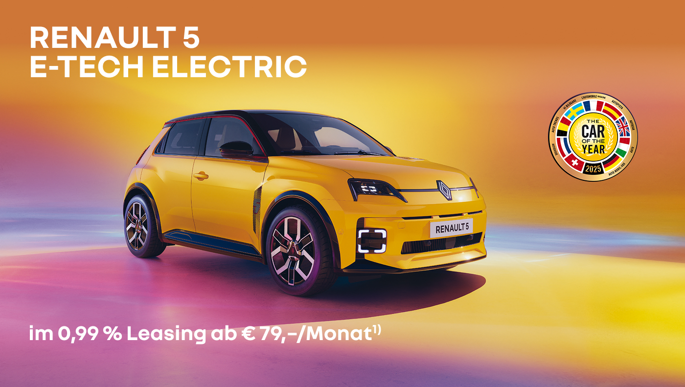 Foto mit Renault 5 E-Tech Electric in gelb und folgende Text: im 0.99 % Leasing ab € 79/ Monat , inklusive E-Mobilitätsbonus 