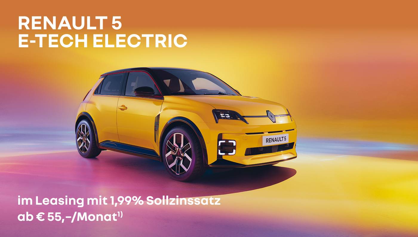 Foto mit Renault 5 E-Tech Electric in gelb und folgende Text: im Leasing ab € 55/ Monat *