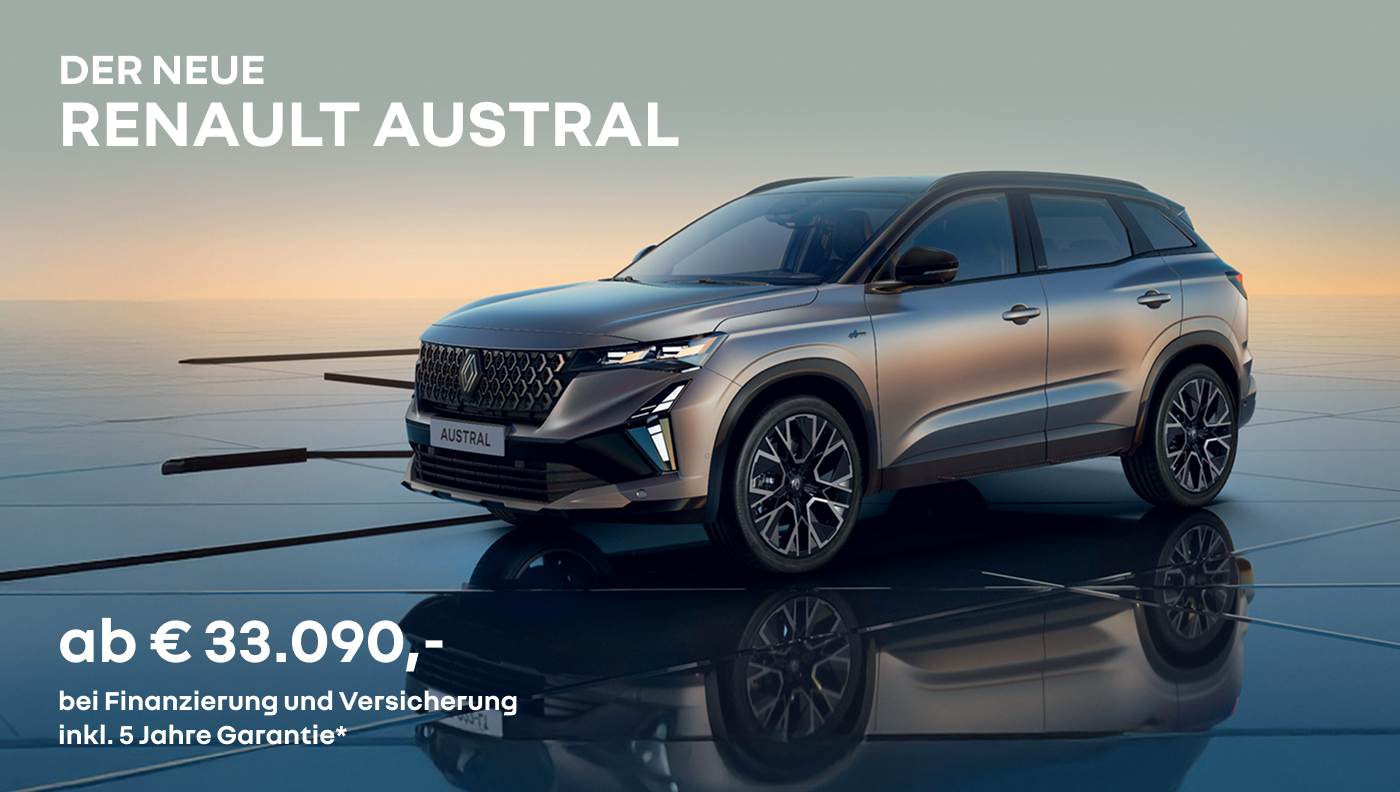 Foto mit Austral in dunkelgrau und folgendem Text: ab € 33.090, bei Finanzierung und Versicherung inkl. 5 Jahre Garantie