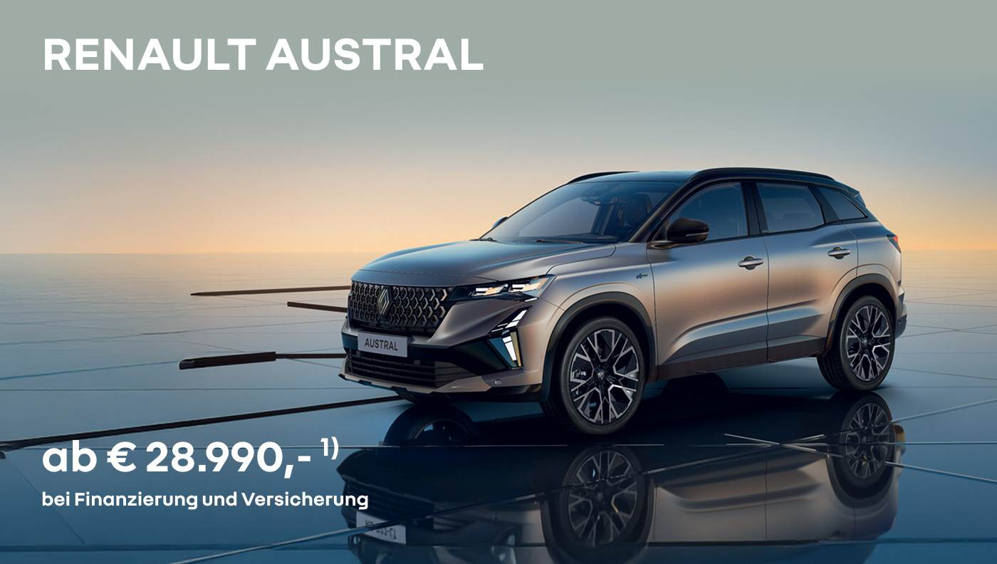 Foto mit Austral in dunkelgrau und folgendem Text: ab € 28.990, bei Finanzierung und Versicherung 