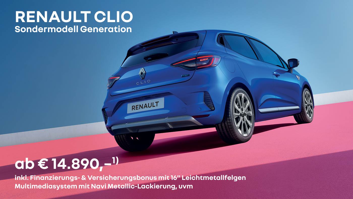 Renault Clio: ab € 14.890,–1) RENAULT CLIO Sondermodell Generation inkl. Finanzierungs- & Versicherungsbonus mit 16" Leichtmetallfelgen Multimediasystem mit Navi Metallic-Lackierung, uvm