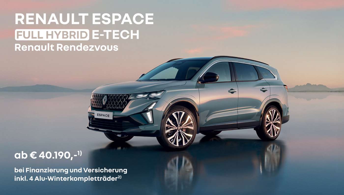 Foto mit Renault Espace Full Hybrid E-Tech, seitlich frontal, Ambiente eisblau, Berge im Hintergrund