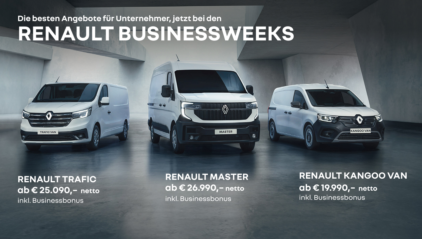 Foto mit folgendem Text: Treue Begleiter für ein erfolgreiches Business, Renault Nutzfahrzeuge, Renault Trafic ab € 26.290 netto inklusive Business Bonus, Renault Master ab € 28.990 netto inklusive Business Bonus, Renault Kangoo Van ab € 19.290 netto inklusive Business Bonus 