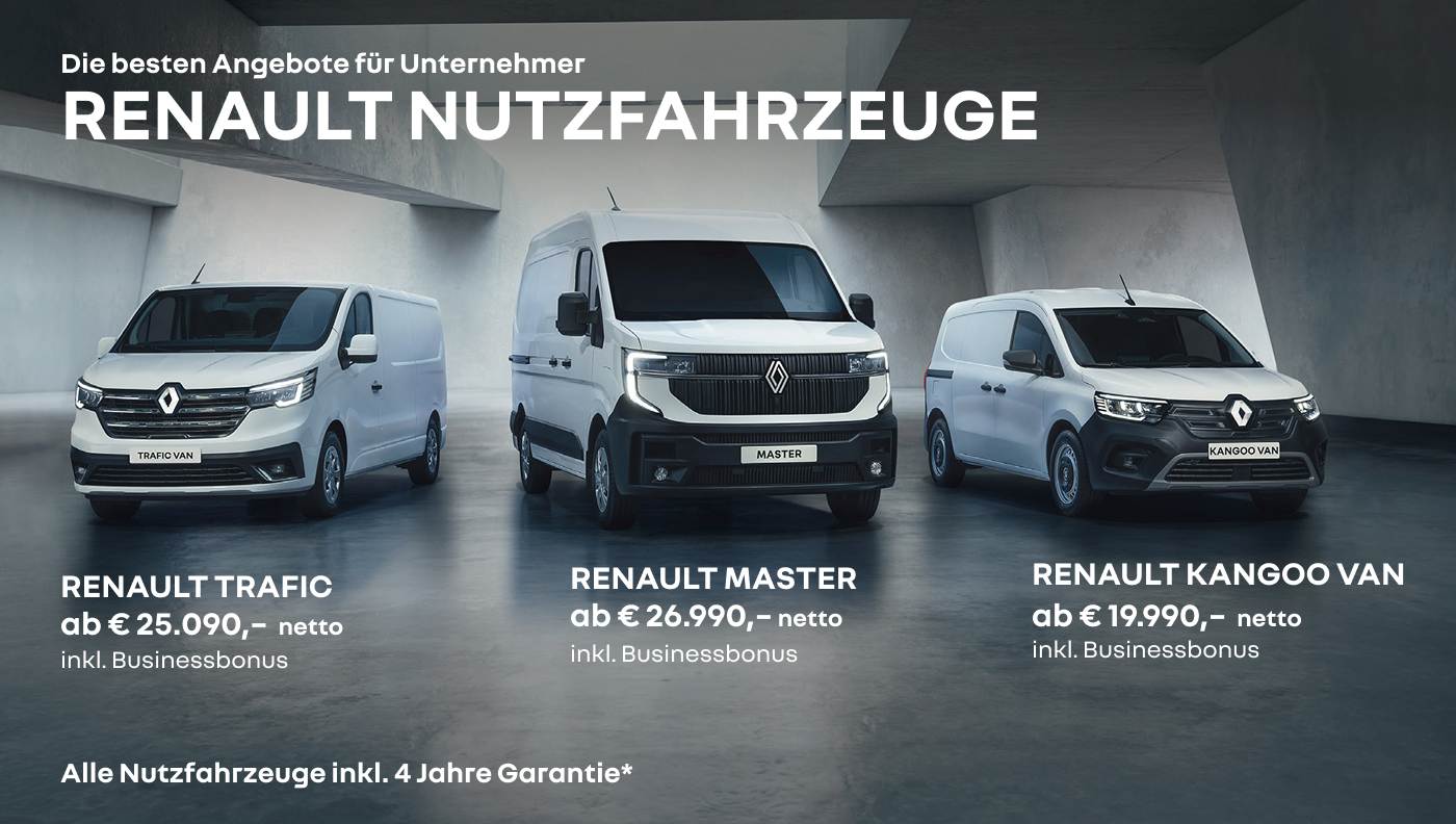 Foto mit folgendem Text: Treue Begleiter für ein erfolgreiches Business, Renault Nutzfahrzeuge Alle Nutzfahrzeuge inkl. 4 Jahre Garantie*
