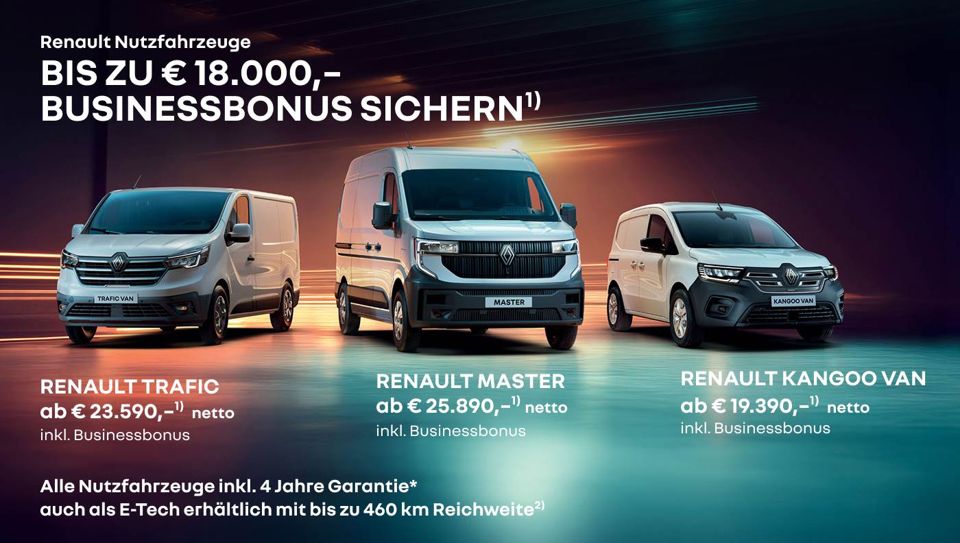 Foto mit folgendem Text: Treue Begleiter für ein erfolgreiches Business, Renault Nutzfahrzeuge Alle Nutzfahrzeuge inkl. 4 Jahre Garantie*