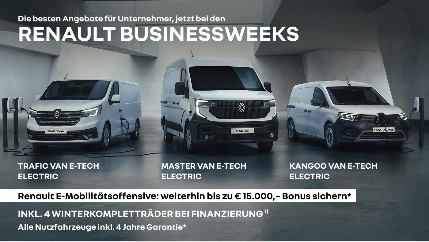 Foto mit folgendem Text: Renault Elektro Nutzfahrzeuge, Trafic Van E-Tech Electric, Master Van E-Tech Electric, Kangoo Van E-Tech Electric, Renault E-Mobilitätsoffensive: weiterhin bis zu € 15.000 Bonus sichern
