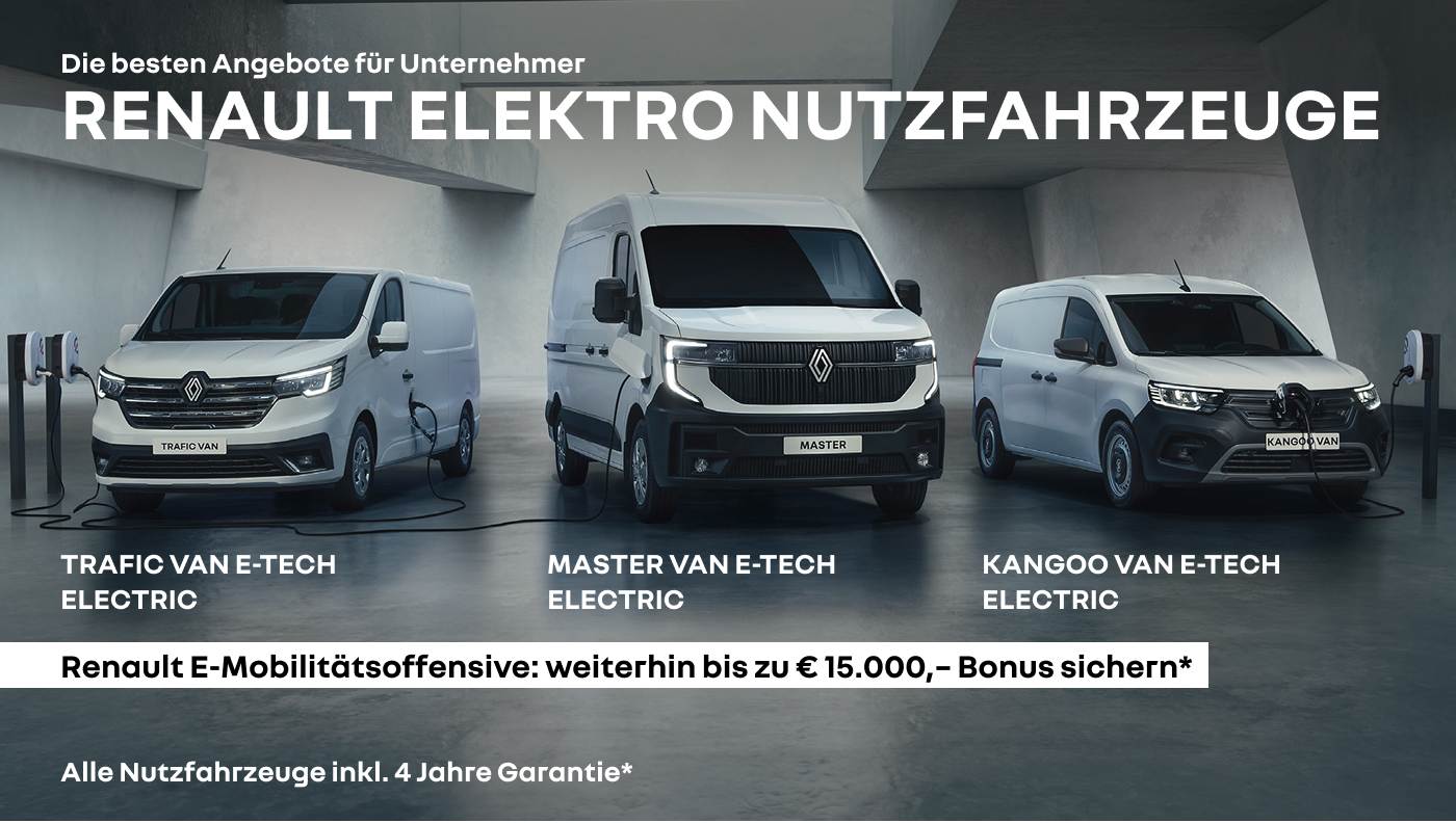 Foto mit folgendem Text: Renault Elektro Nutzfahrzeuge, Trafic Van E-Tech Electric, Master Van E-Tech Electric, Kangoo Van E-Tech Electric, Renault E-Mobilitätsoffensive: weiterhin bis zu € 15.000 Bonus sichern