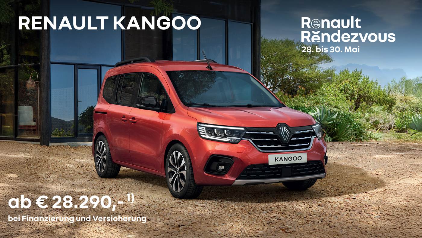 Foto mit Kangoo in rot und folgendem Text: ab € 28.290, bei Finanzierung und Versicherung 