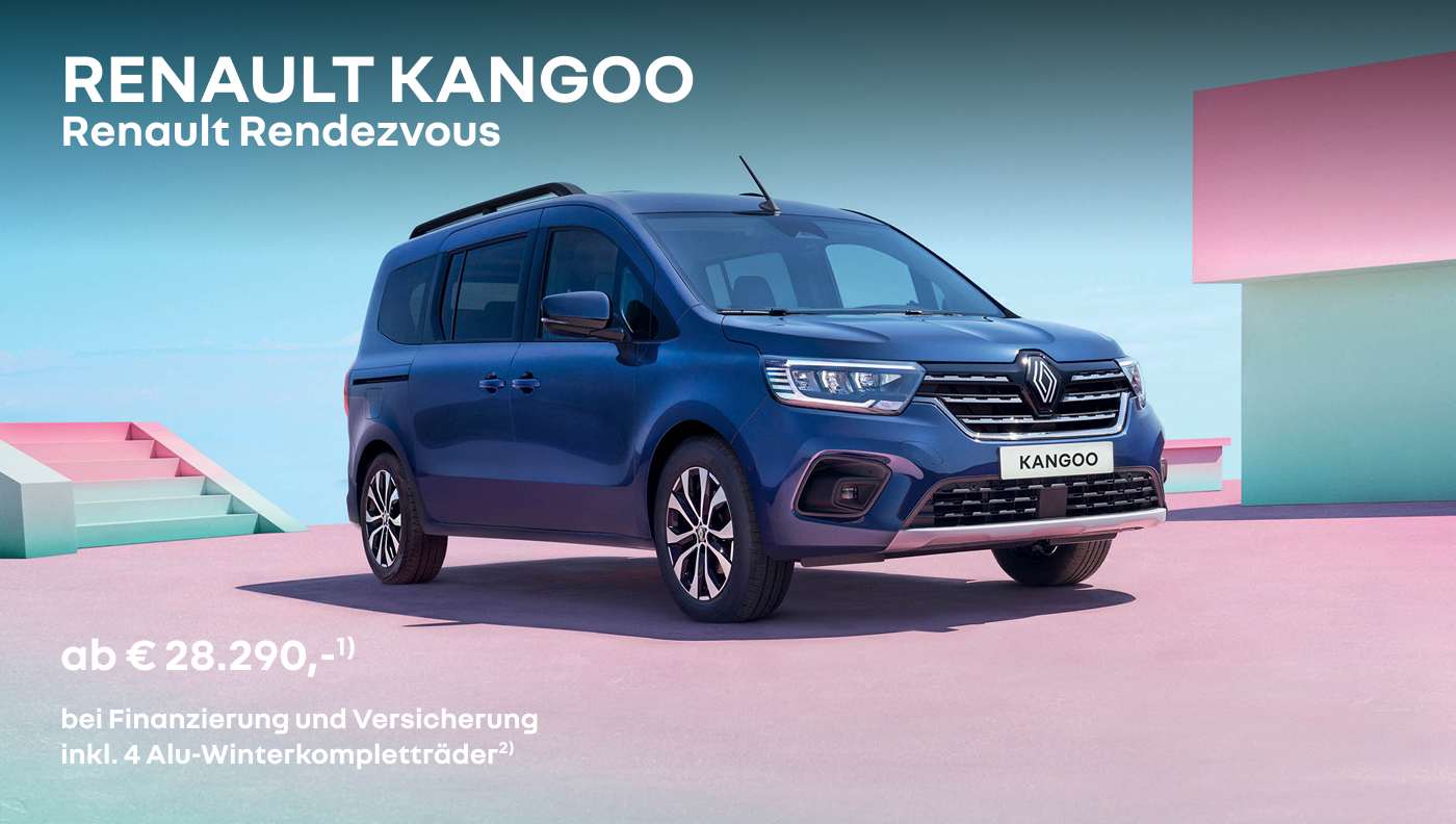 Foto mit Kangoo in rot und folgendem Text: ab € 28.290, bei Finanzierung und Versicherung 