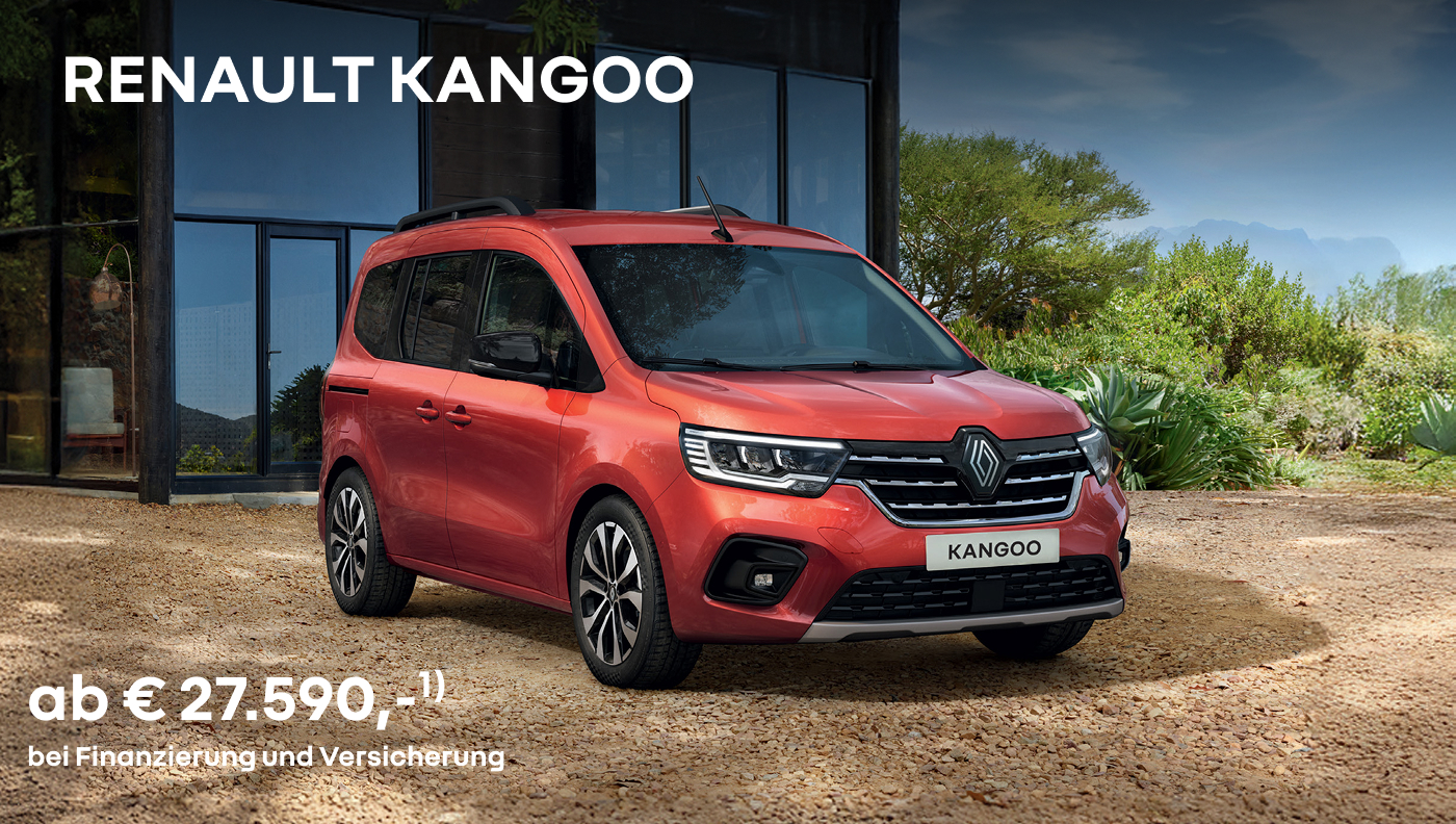 Foto mit Kangoo in rot und folgendem Text: ab € 27.590, bei Finanzierung und Versicherung 