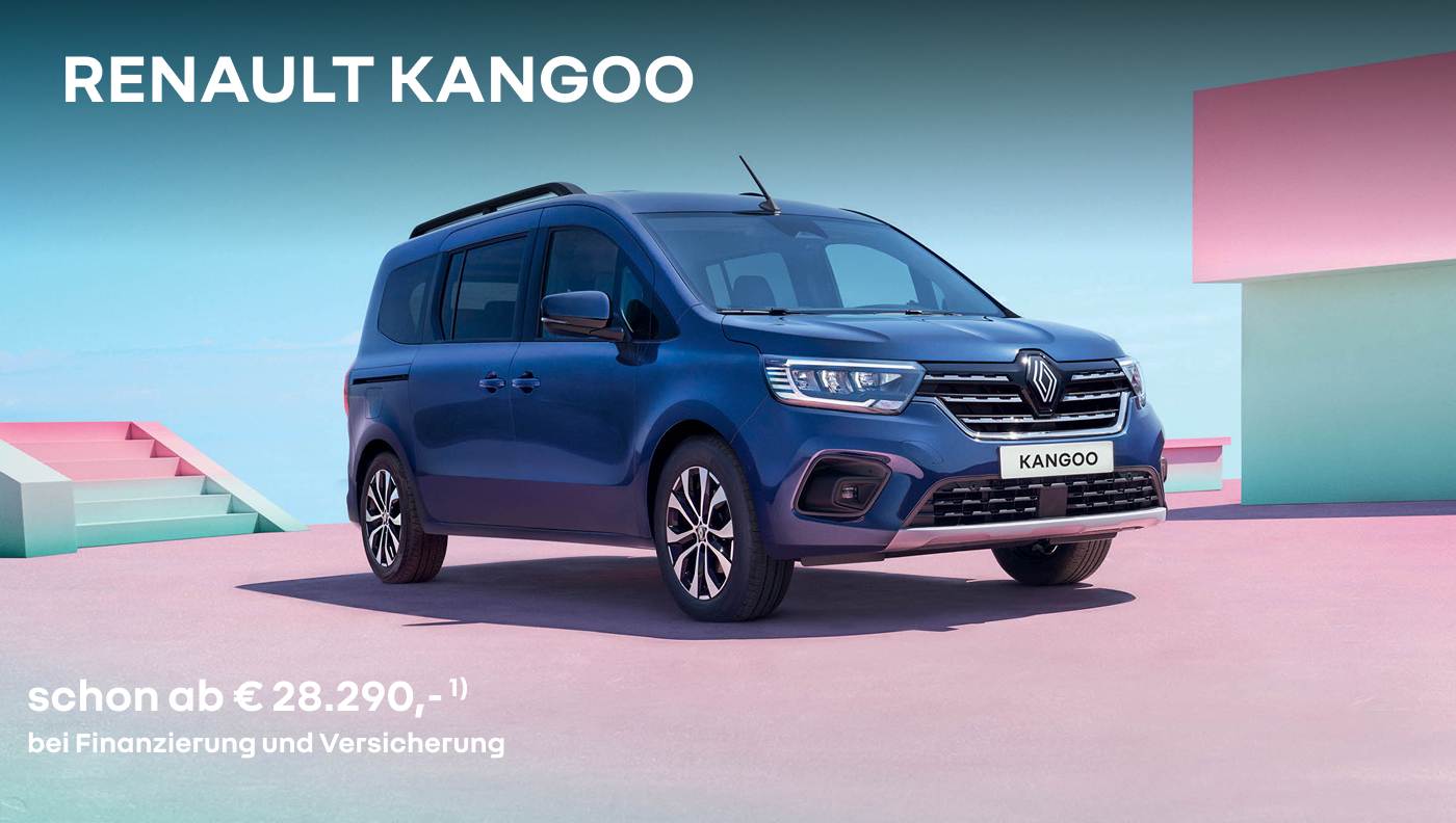 Foto mit Kangoo in rot und folgendem Text: ab € 28.290, bei Finanzierung und Versicherung