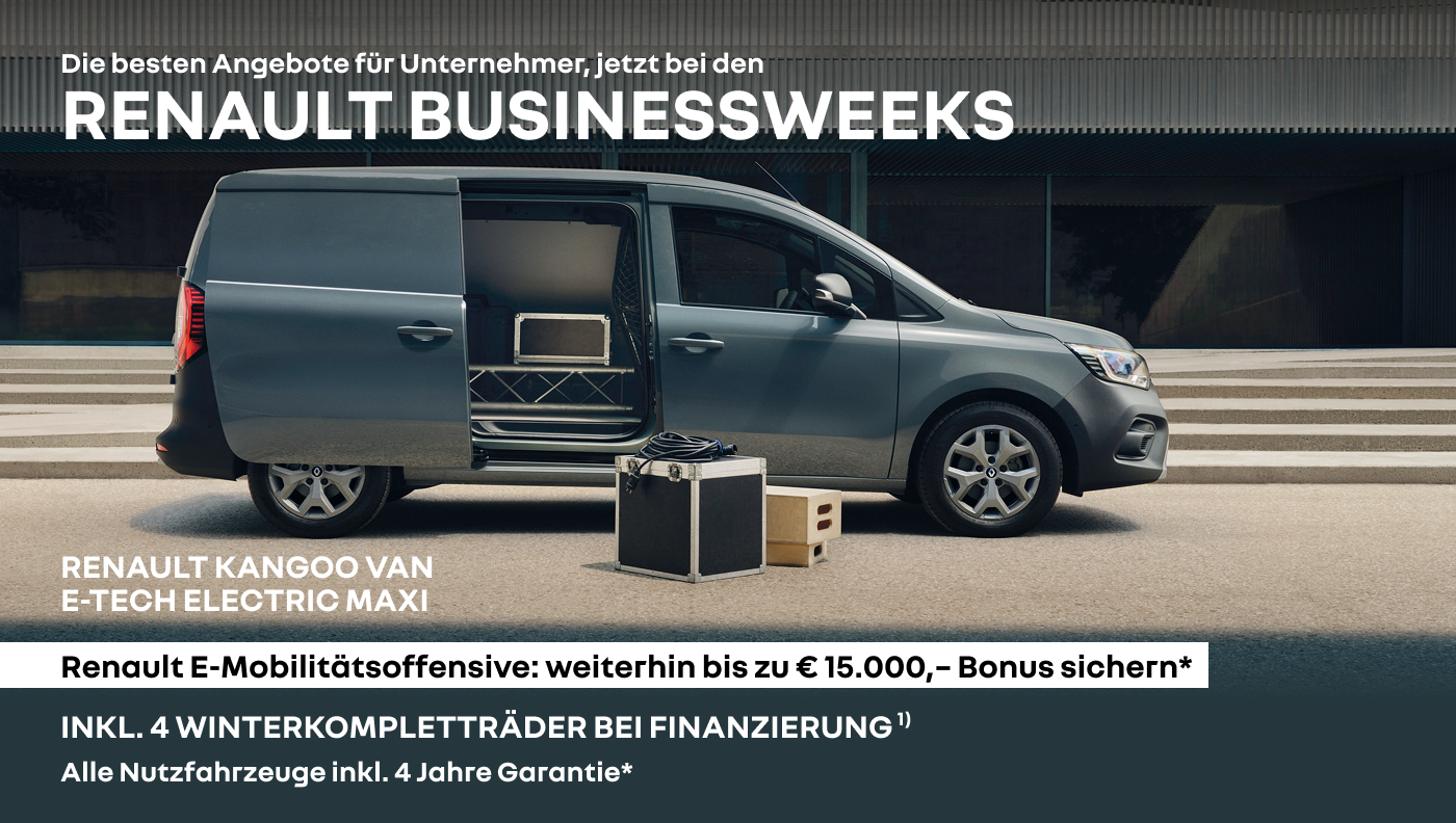Foto mit Kangoo Van E-Tech Electric Maxi und folgendem Text: Renault E-Mobilitätsoffensive: weiterhin bis zu € 12.000 Bonus sichern 