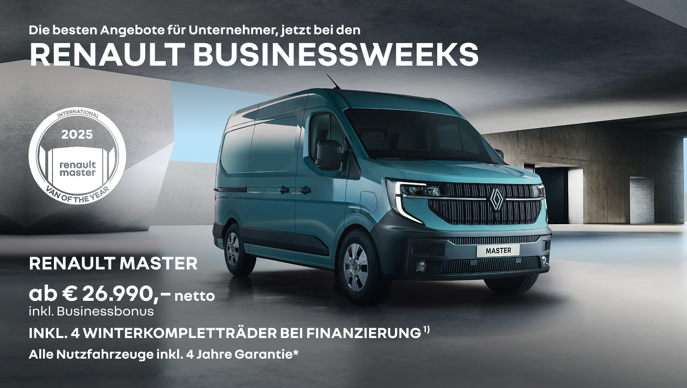 Foto mit folgendem Text: Der neue Renault Master, ab € 28.990 netto inklusive Business Bonus INKL. 4 WINTERKOMPLETTRÄDER BEI FINANZIERUNG 1)