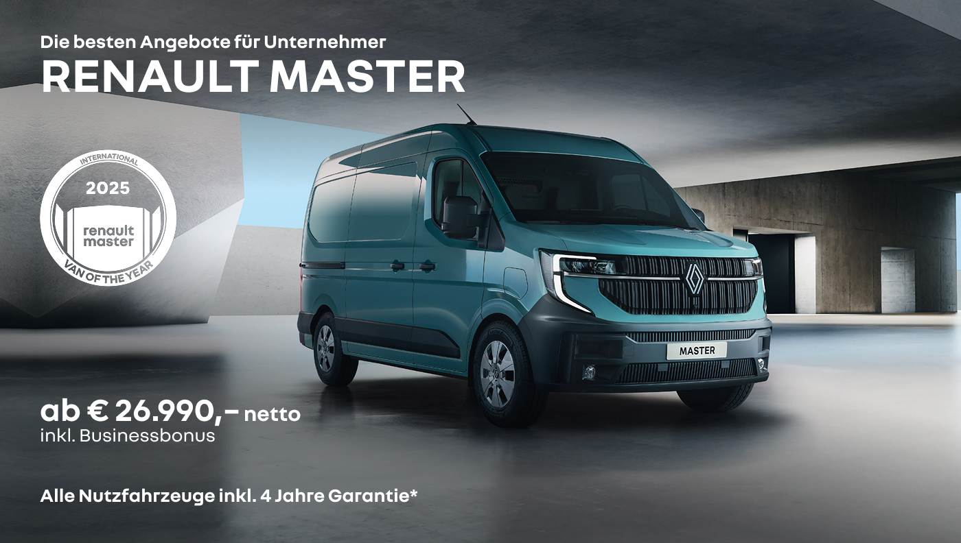 Foto mit folgendem Text: Der neue Renault Master, ab € 26.990 netto inklusive Business Bonus 
