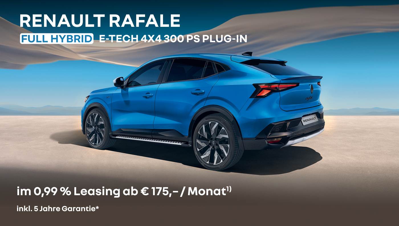 Foto mit Rafael Full Hybrid E-Tech und folgendem Text: im 0,99 % Leasing ab € 175,– / Monat1