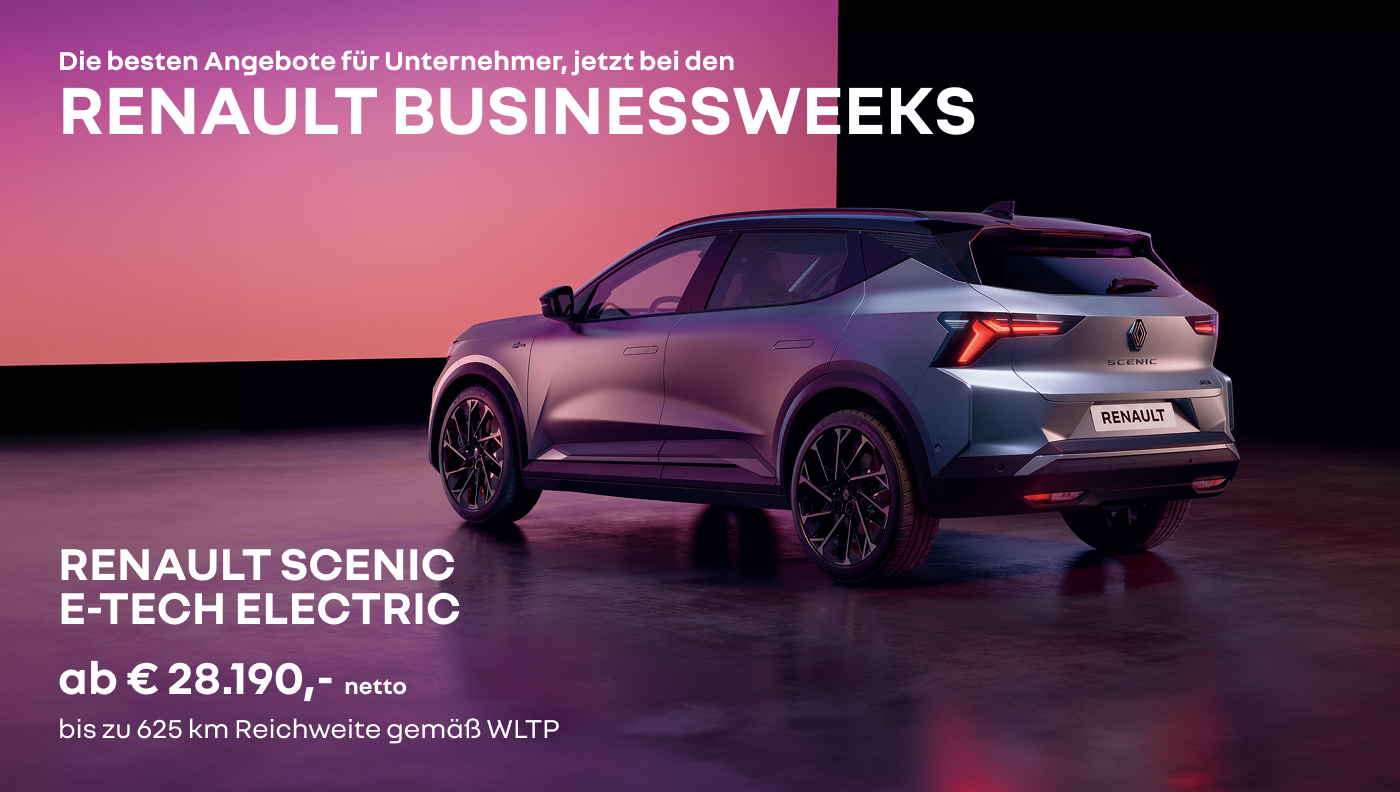Foto mit Scenic E-Tech Electric in grau und folgendem Text: Businessweeks, ab € 28.190,– netto, bis zu 625 Kilometer Reichweite gemäß WLTP  