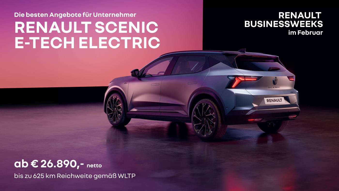 Foto mit Scenic E-Tech Electric in grau und folgendem Text: Businessweeks, ab € 26.890,– netto, bis zu 625 Kilometer Reichweite gemäß WLTP  
