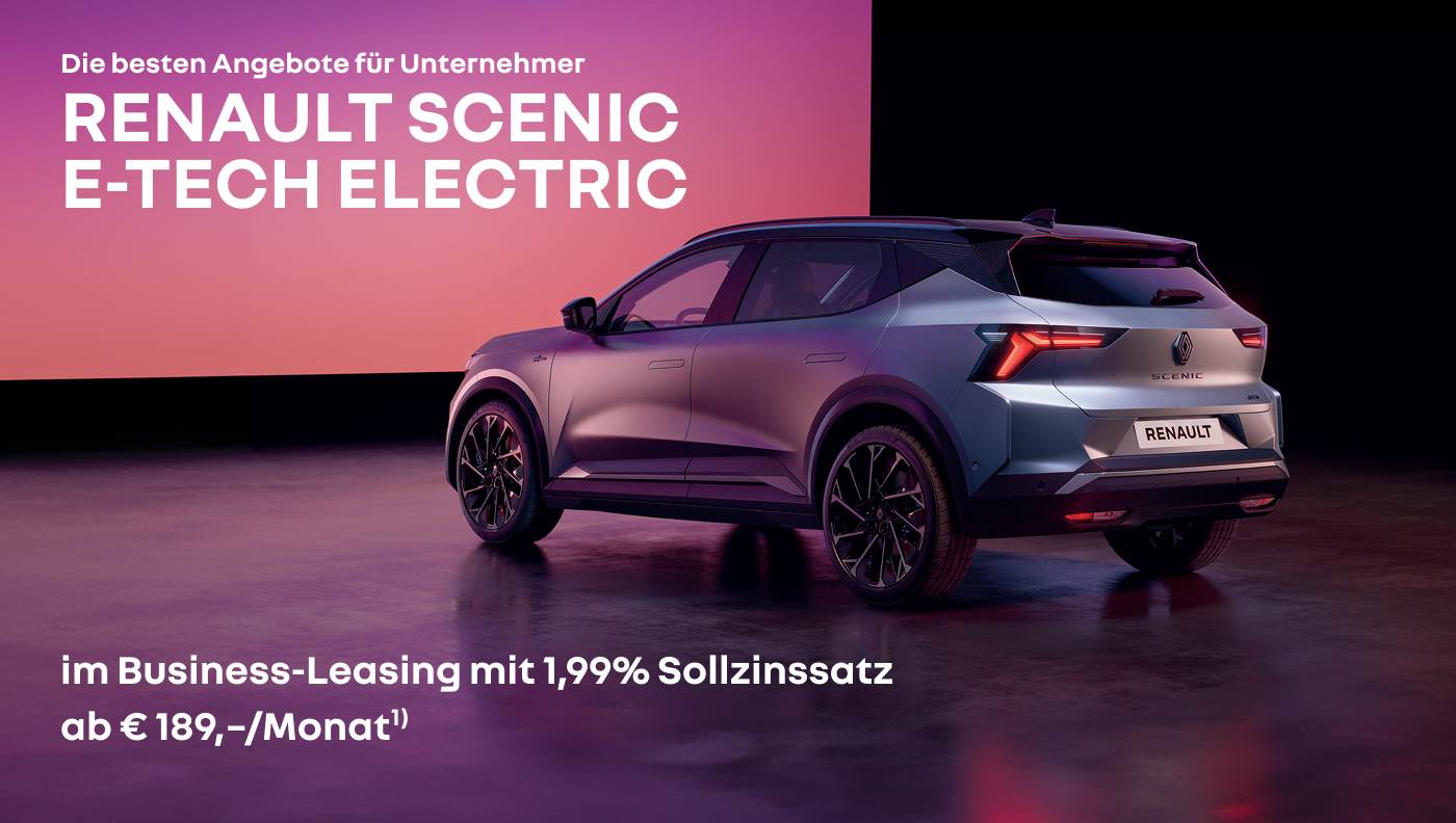 Foto mit Scenic E-Tech Electric in grau und folgendem Text: Businessweeks, im Business-Leasing mit 1,99% Sollzinssatz ab € 189,–/Monat1