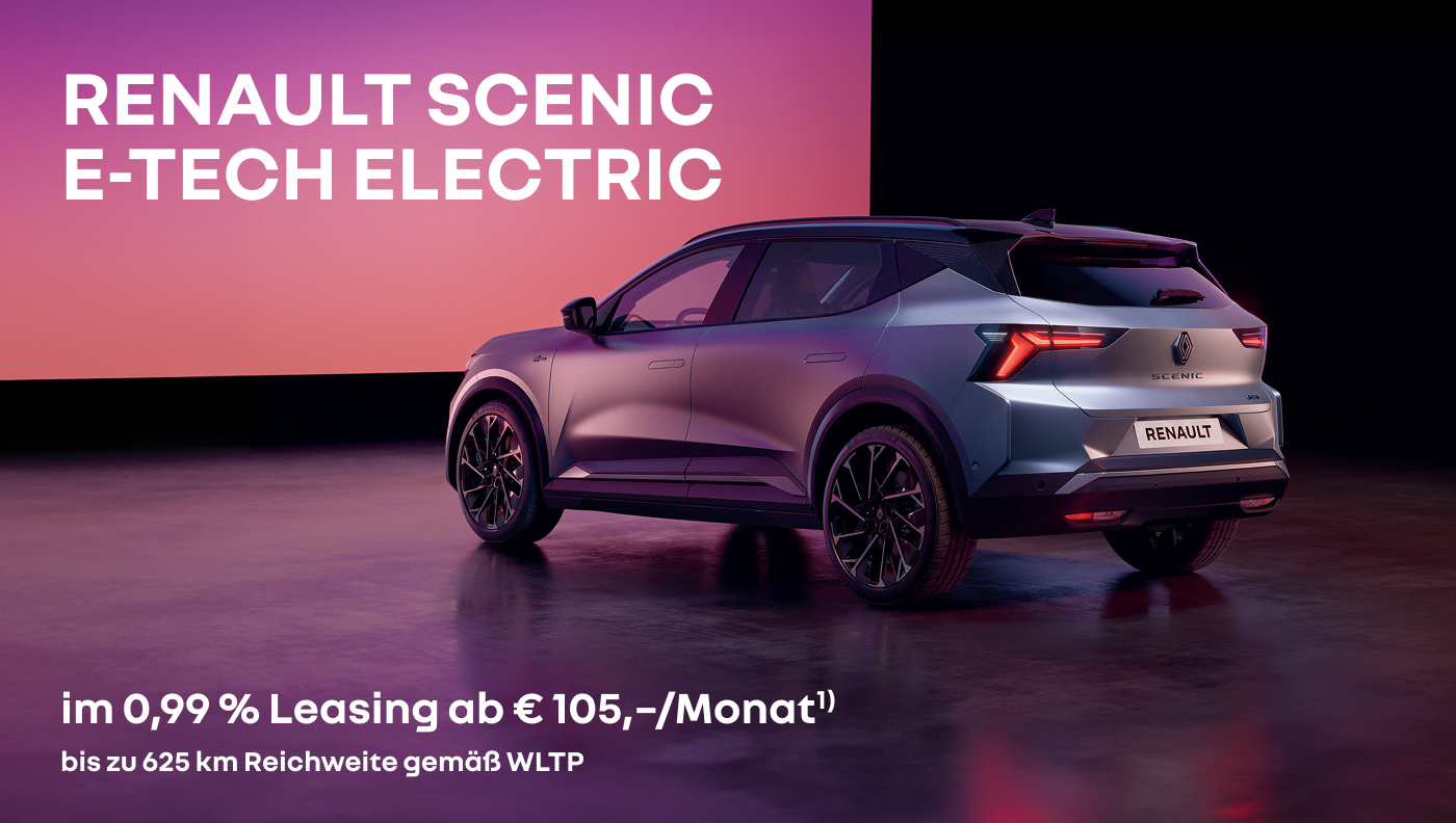 Foto mit Scenic E-Tech Electric in grau und folgendem Text: im 0.99 % Leasing ab € 105/ Monat, inklusive Renault E-Mobilitätsbonus, bis zu 625 Kilometer Reichweite gemäß WLTP  