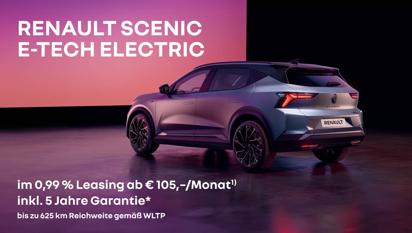 Foto mit Scenic E-Tech Electric in grau und folgendem Text: im 0.99 % Leasing ab € 105/ Monat, inkl. 5 Jahre Garantie* bis zu 625 km Reichweite gemäß, bis zu 625 Kilometer Reichweite gemäß WLTP