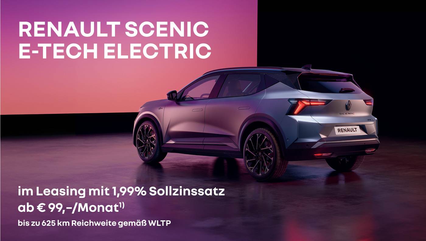 Foto mit Scenic E-Tech Electric in grau und folgendem Text: imLeasing ab € 99/ Monat* bis zu 625 km Reichweite gemäß, bis zu 625 Kilometer Reichweite gemäß WLTP  