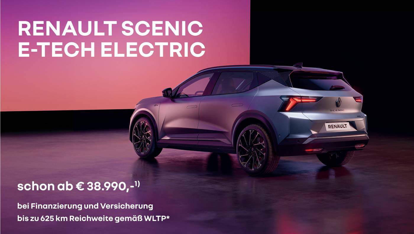 Foto mit Scenic E-Tech Electric in grau, seitliche Rückansicht, Ambiente lila