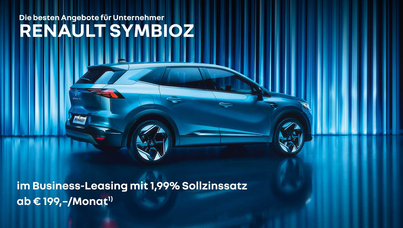 Foto mit Symbioz Full Hybrid E-Tech in Blau und folgendem Text: im Business-Leasing mit 1,99% Sollzinssatz ab € 199,–/Monat1