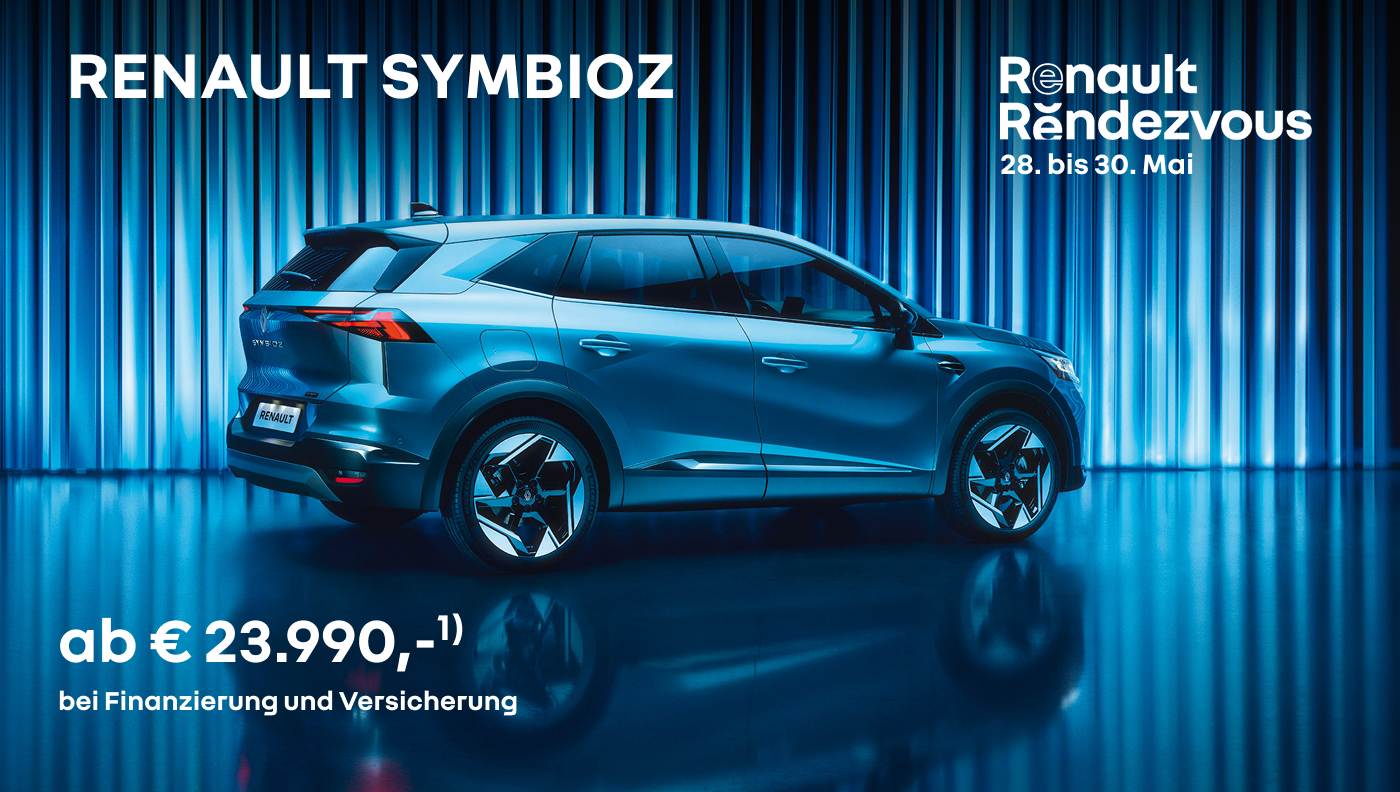 Foto mit Symbioz Full Hybrid E-Tech in Blau und folgendem Text: ab € 23.990, bei Finanzierung und Versicherung