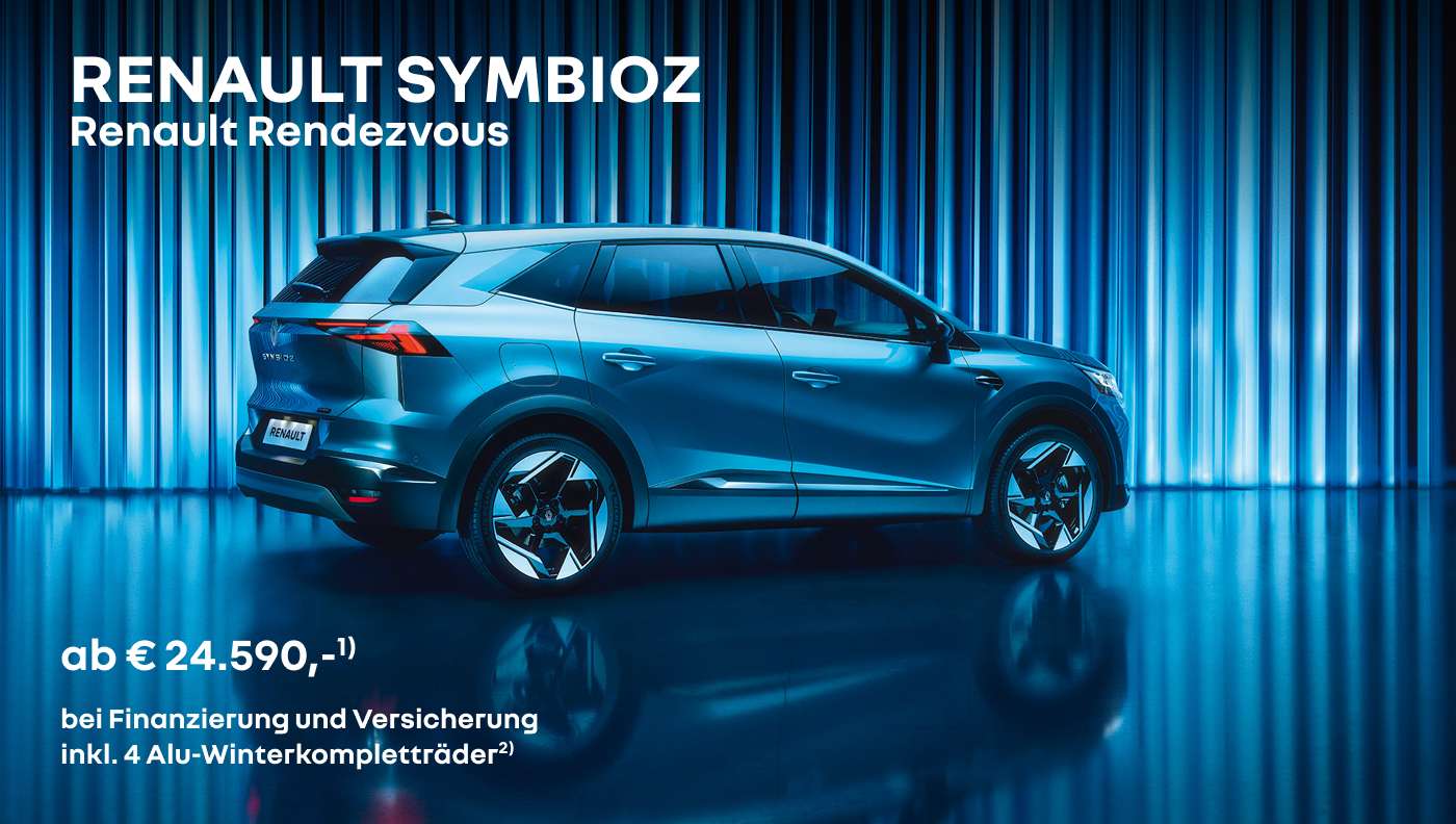 Foto mit Symbioz Full Hybrid E-Tech in Blau, Untergrund spiegelt, Hintergrund blauer Vorhand