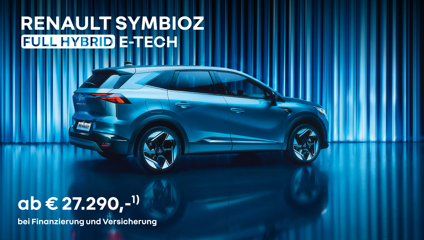 Foto mit Symbioz Full Hybrid E-Tech in Blau und folgendem Text: ab € 27.290, bei Finanzierung und Versicherung 