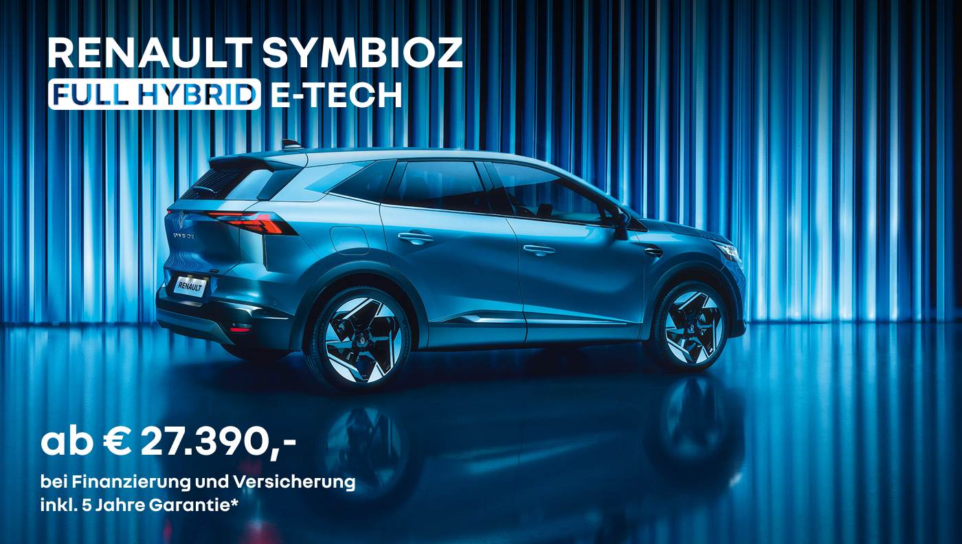 Foto mit Symbioz Full Hybrid E-Tech in Blau und folgendem Text: ab € 27.390, bei Finanzierung und Versicherung inkl. 5 Jahre Garantie*