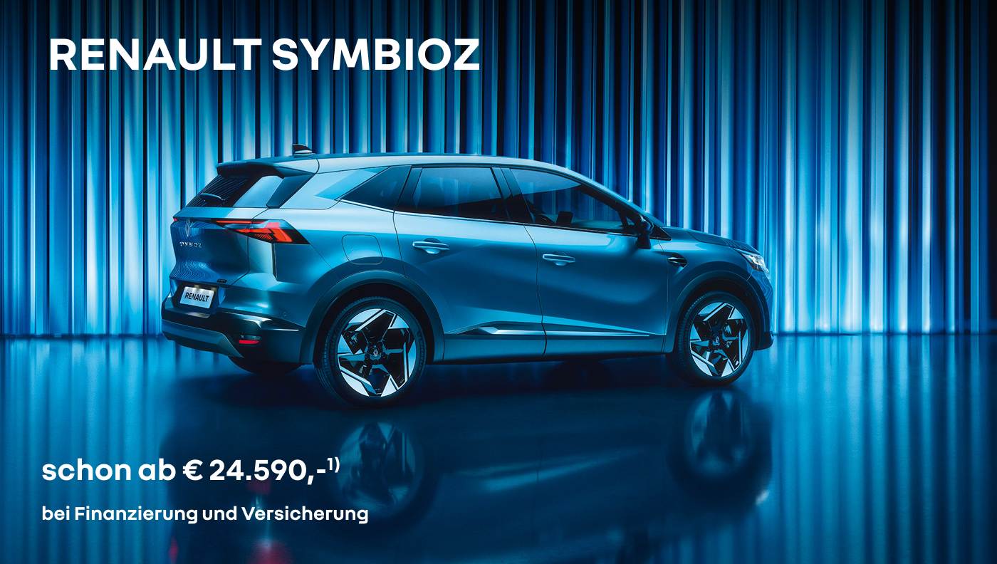 Foto mit Symbioz Full Hybrid E-Tech in Blau, Untergrund spiegelt, Hintergrund blauer Vorhand