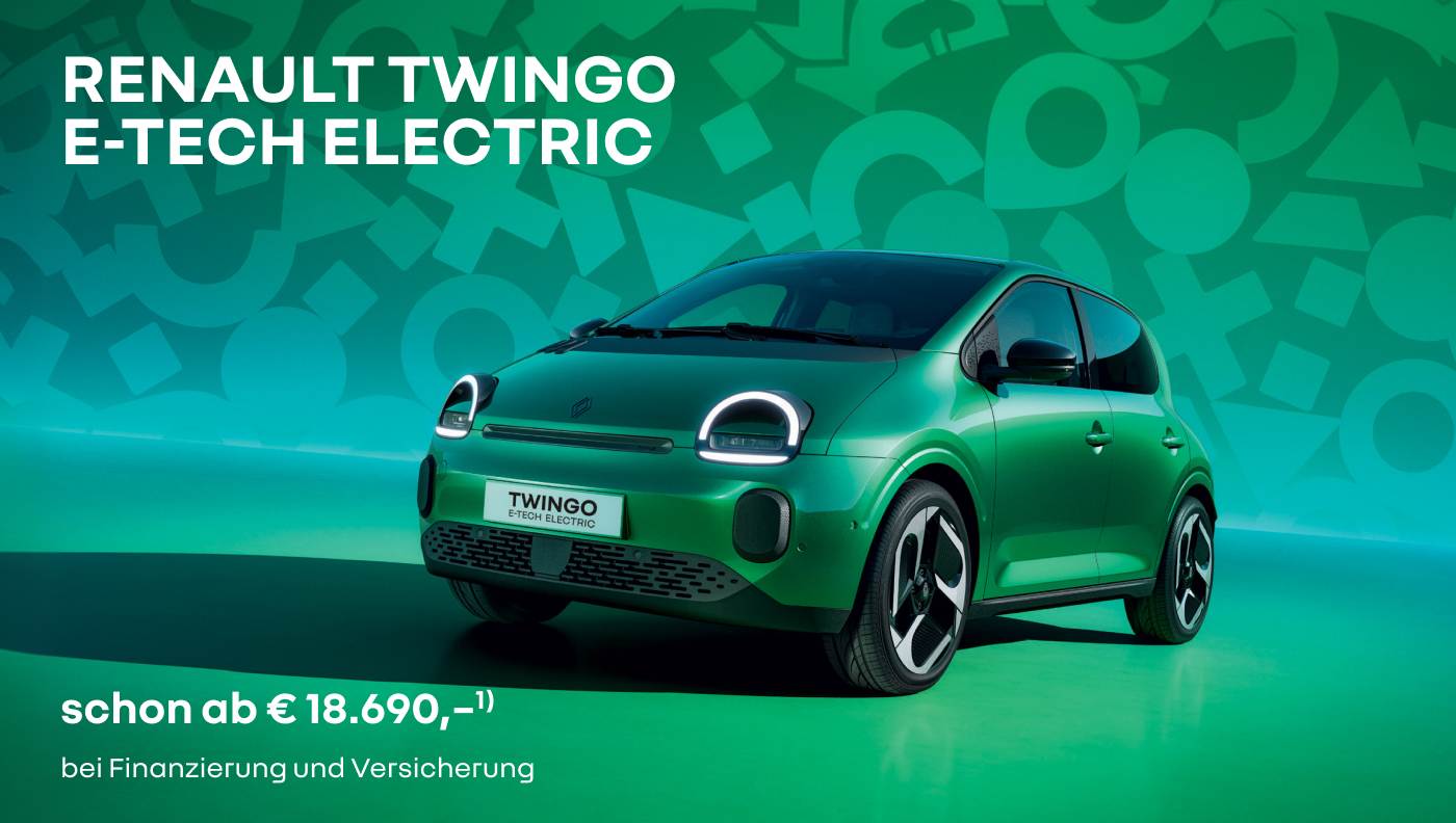 Foto mit folgendem Text: Renault RENAULT TWINGO E-TECH ELECTRIC grün, schon ab € 18.690,– 1) bei Finanzierung und Versicherung