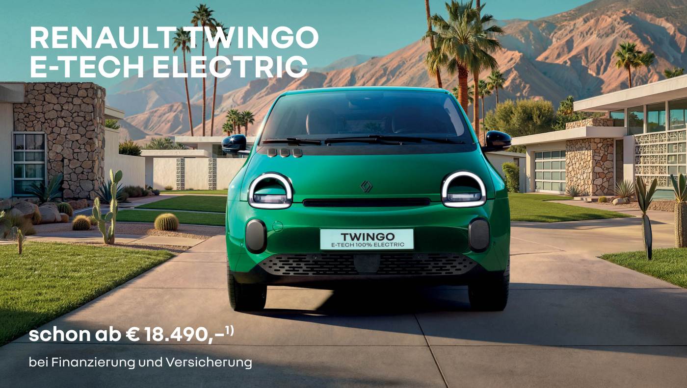 Foto mit folgendem Text: Renault RENAULT TWINGO E-TECH ELECTRIC grün, steht in einer amerikanischen Vorstadt, frontal