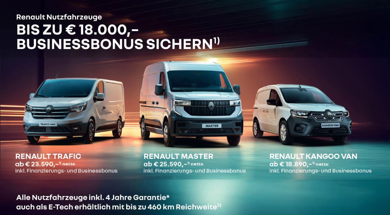 Renault Nutzfahrzeuge 3 Autos treue Begleiter für ein erfolgreiches Business, Renault Nutzfahrzeuge Alle Nutzfahrzeuge inkl. 4 Jahre Garantie*
