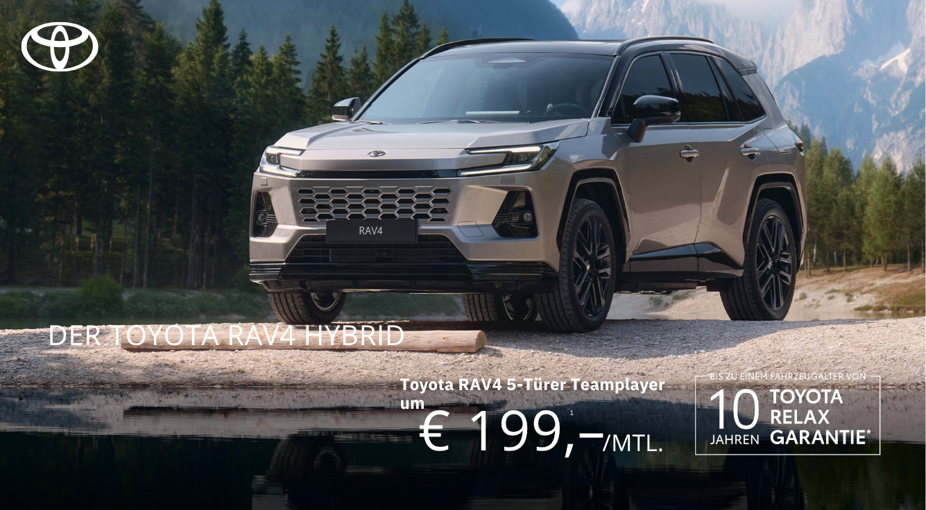 Foto: Toyota RAV4 Hybrid, frontal, seitlich, helles grau, in den Bergen