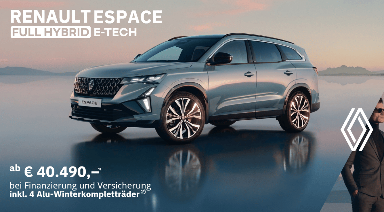 Foto mit Renault Espace Full Hybrid E-Tech, seitlich frontal, Ambiente eisblau, Berge im Hintergrund