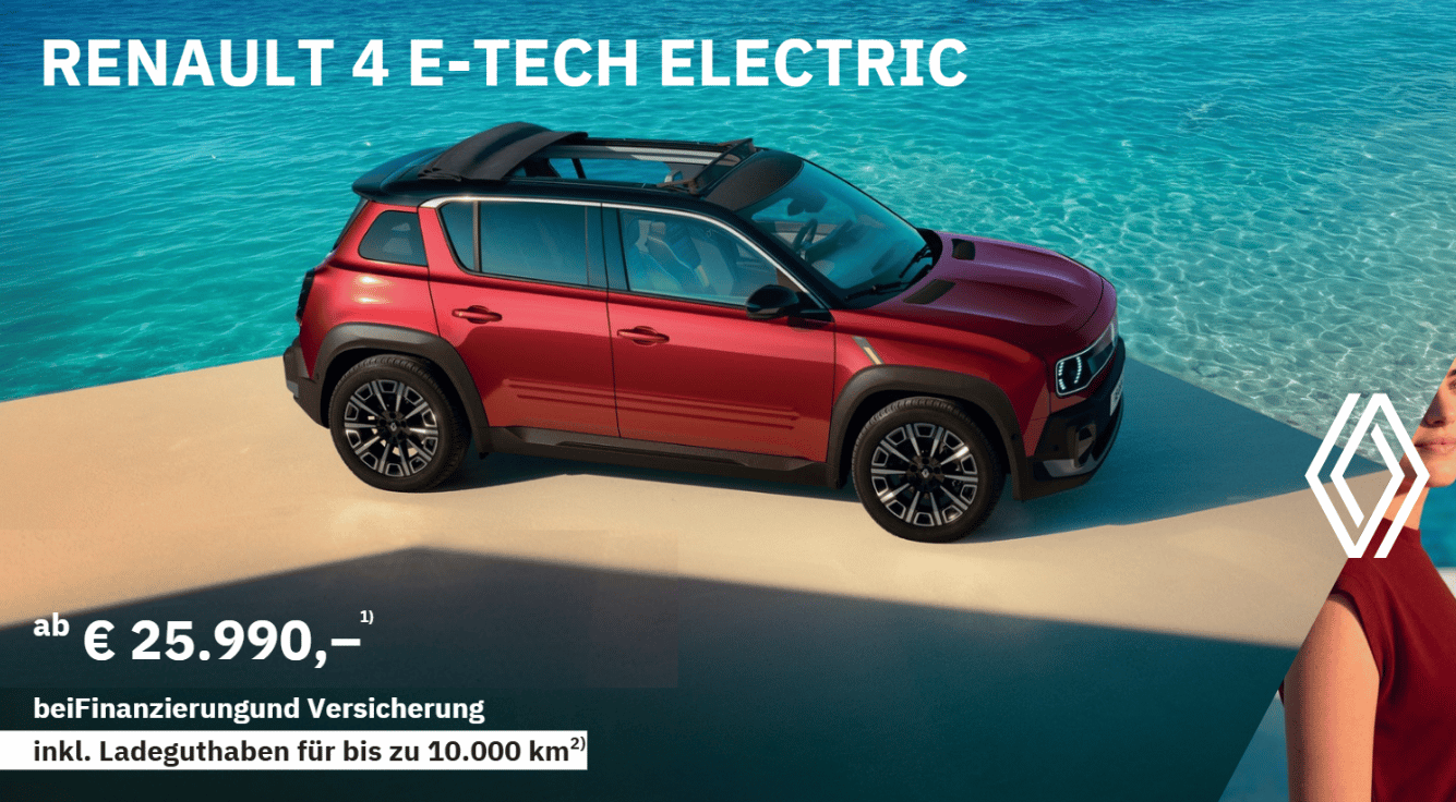 Foto mit folgendem Text: Renault 4 E-Tech Electric Leasing ab € 79/Monat* 