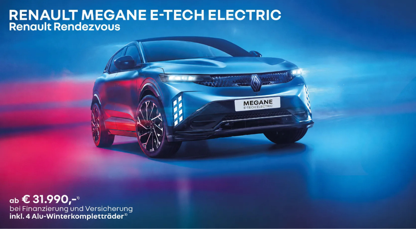 Foto mit folgendem Text: Renault Megane E-Tech Electric, blau, seitlich frontale Aufnahme