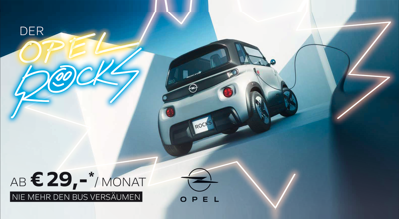 Foto mit folgendem Text: Opel Rocks, grau an Ladestation, ab € 19*,-/Monat