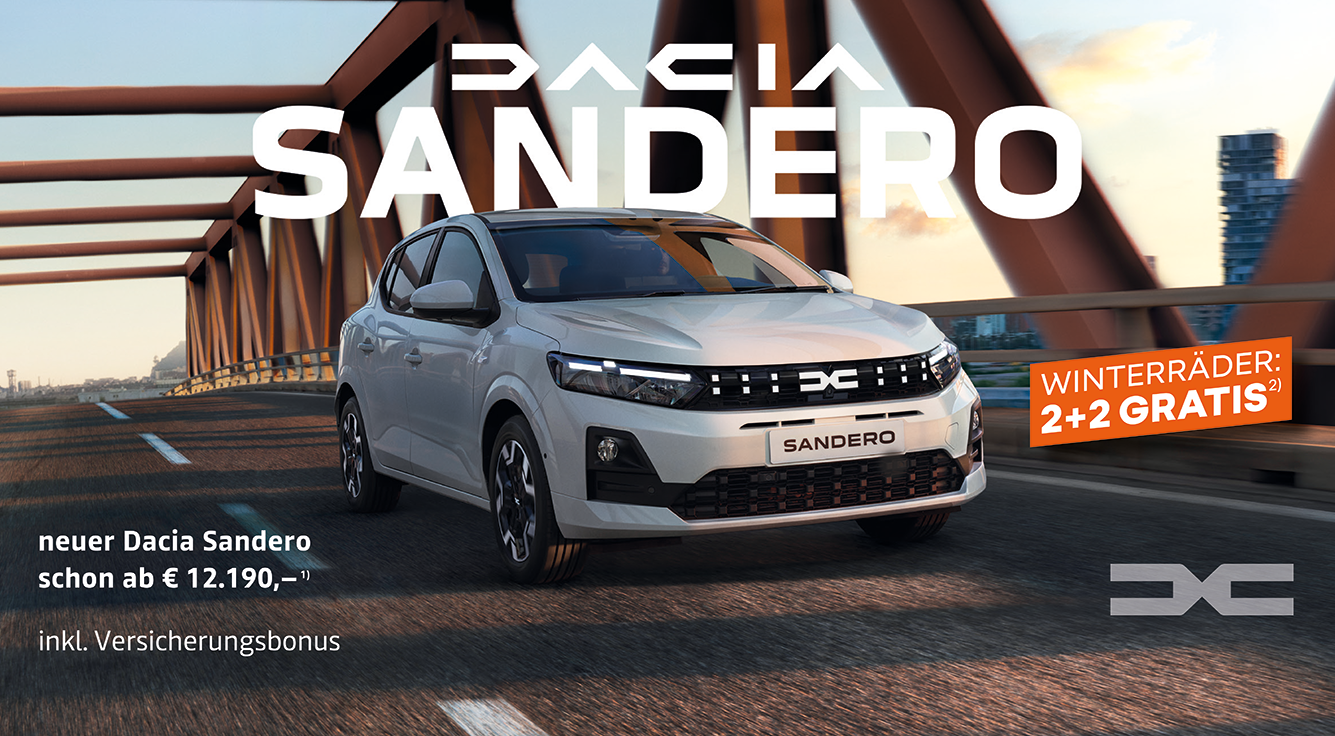 Foto mit folgendem Text: Dacia Sandero, inklusive Versicherungsbonus schon ab € 12.190,-* inklusive Winterräder 2 + 2 Gratis**