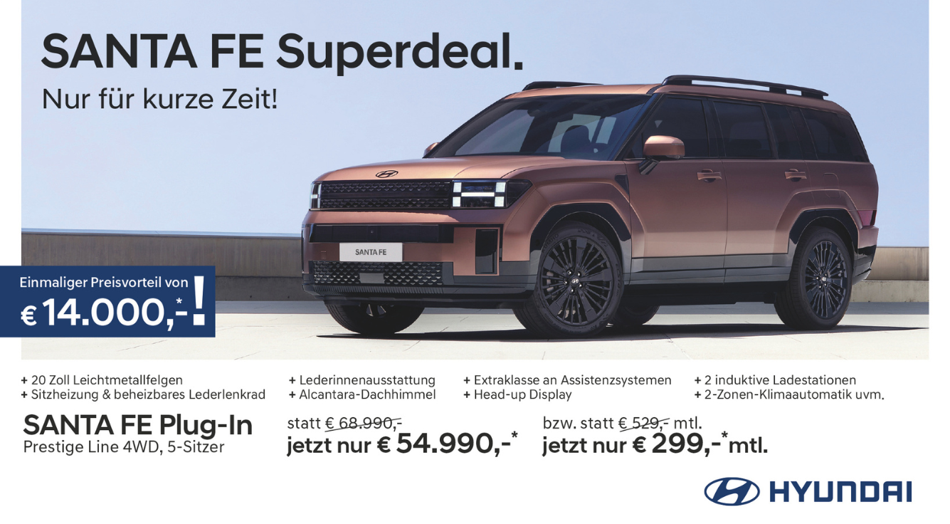 Foto: Hyundai Santa Fe bronze, Text: Einmaliger Preisvorteil von € 14.000,-* !