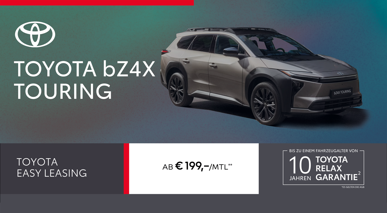 bild mit Text: Toyota bZ4X Touring ab € 44.990,00* oder  ab € 199,00** mtl. leasen