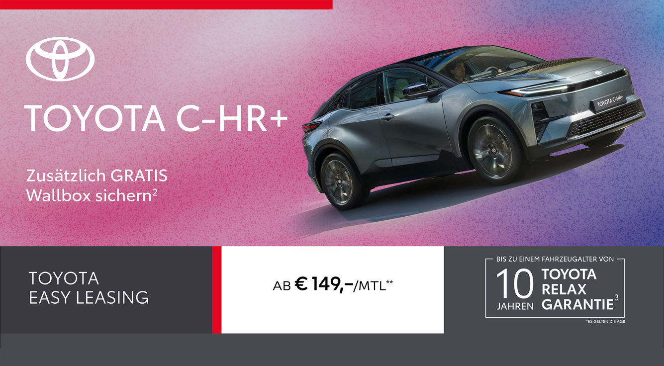 Foto mit folgendem Text: Toyota C-HR+, ab € 149,-**/Monat 