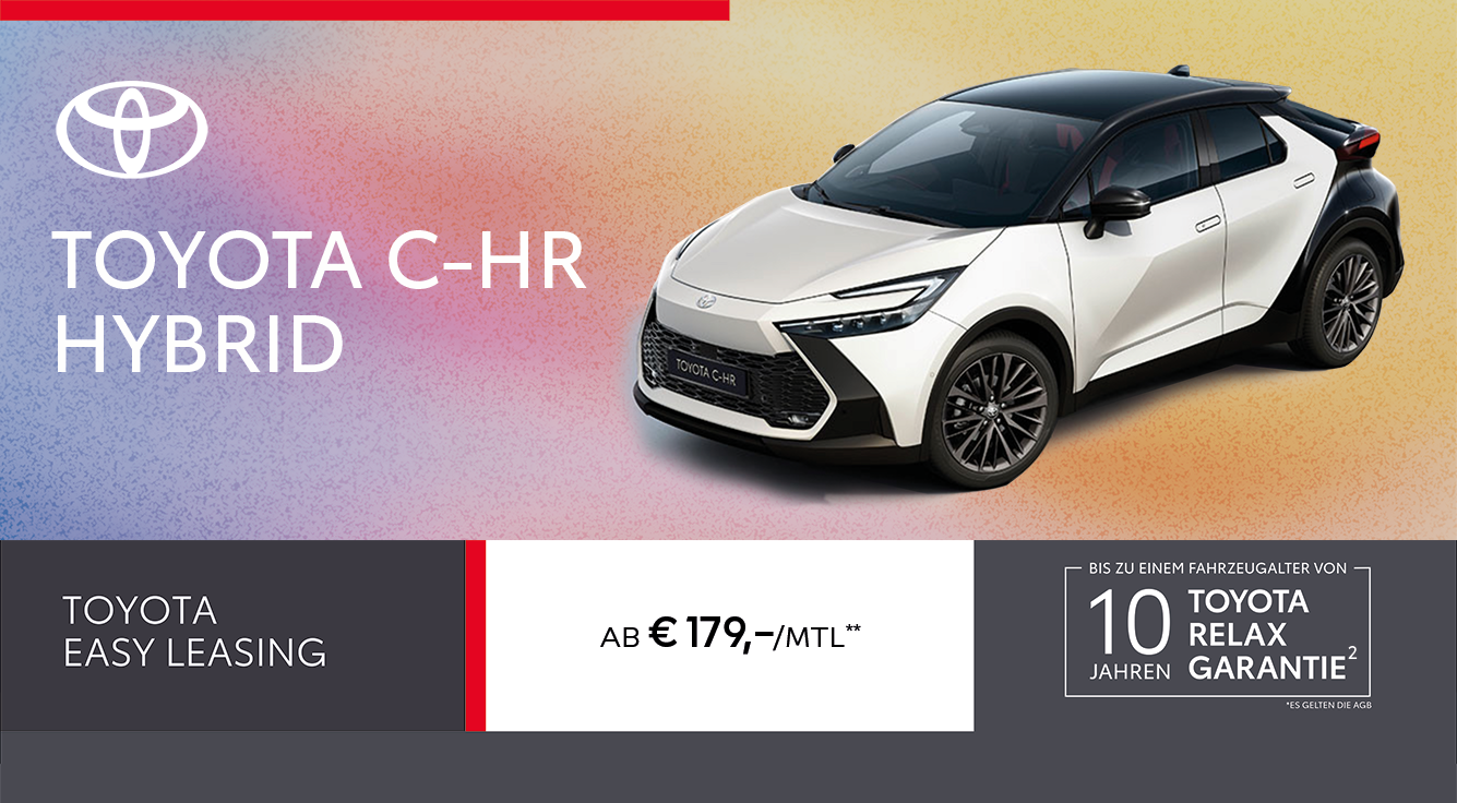 Foto mit folgendem Text: Toyota C-HR Hybrid, ab € 179,-**/Monat inkl. Finanzierung, Wartung und Versicherung