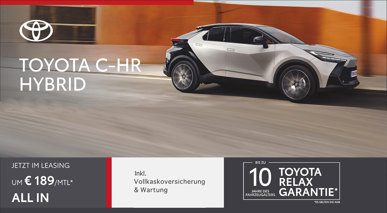 Foto mit folgendem Text: Toyota C-HR Hybrid, ab € 189,-**/Monat inkl. Finanzierung, Wartung und Versicherung