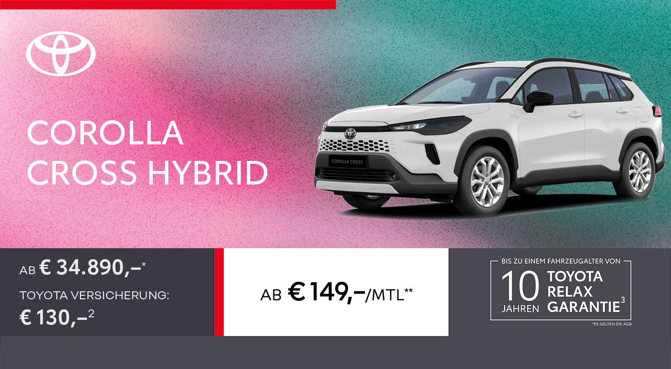 Foto mit folgendem Text: Toyota Corolla Cross Hybrid, ab monatlich ab € 149,-*