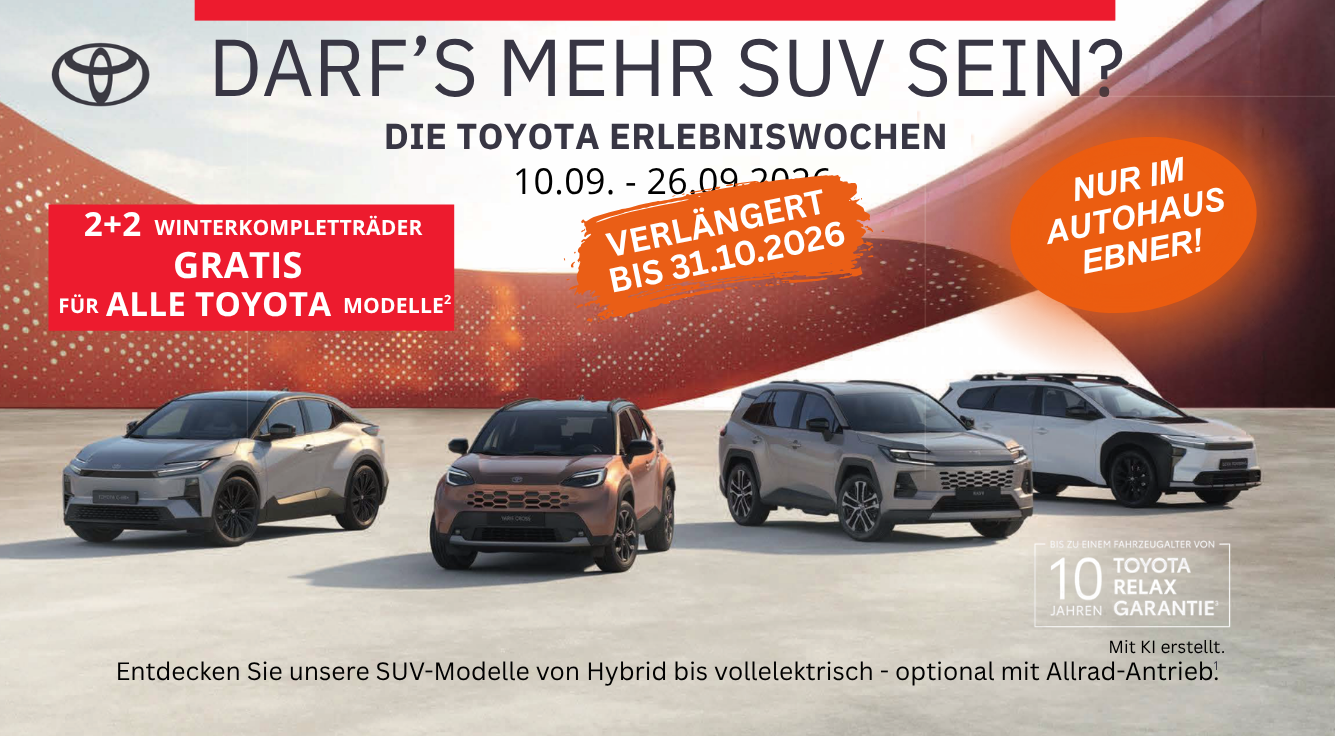 Eild: Einladung für die Toyota Erlebniswochen, vier Toyota Modelle im Halbkreis, frontale bis seitliche Ansicht.