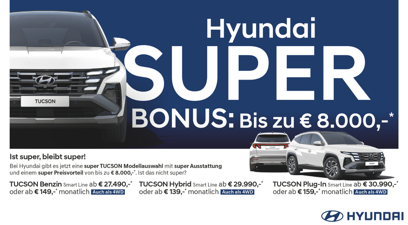 Foto: Hyundai Tucson weiß, 3 Ansichten, Anzeige Super BONUS